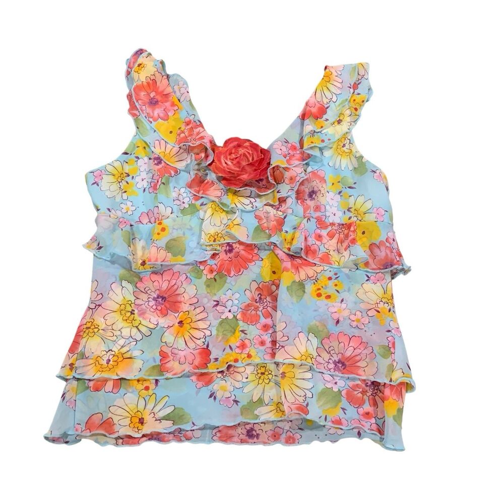 Allen by ABS Womens Floral Ruffled Chiffon Tank Top M 90s Y2K Coquette Fairy